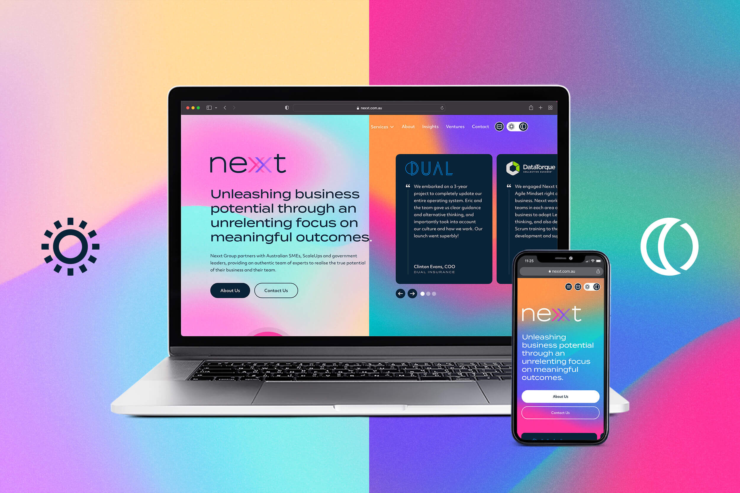Nexxt Group website design on laptop showing light mode and dark mode switcher.