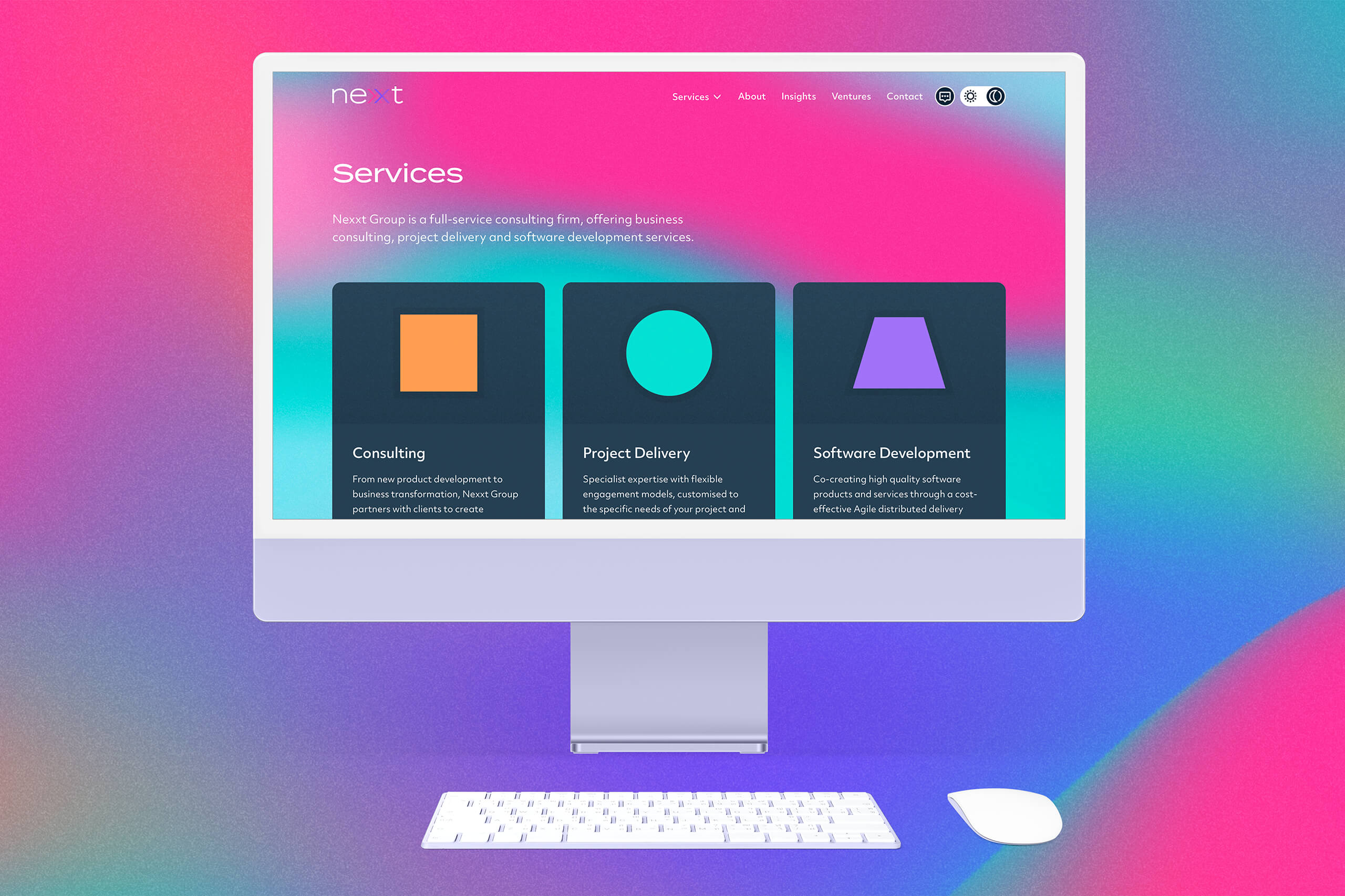 Nexxt group website design services page in dark mode on iMac screen.