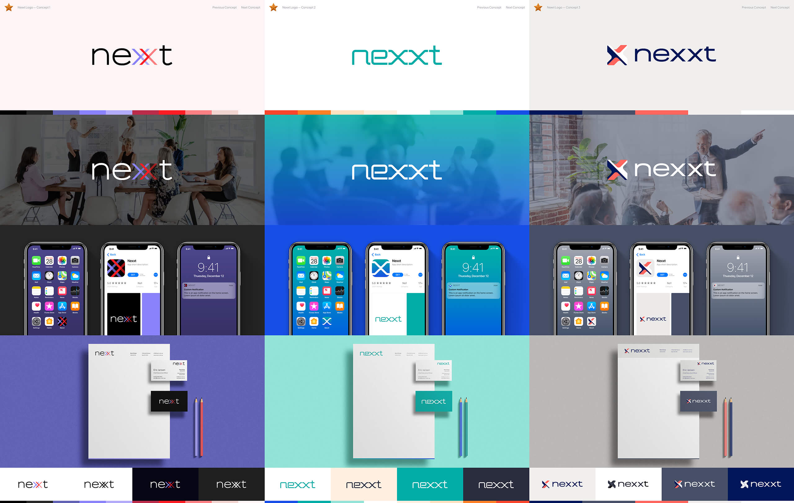 Three logo design concepts for Nexxt Group.