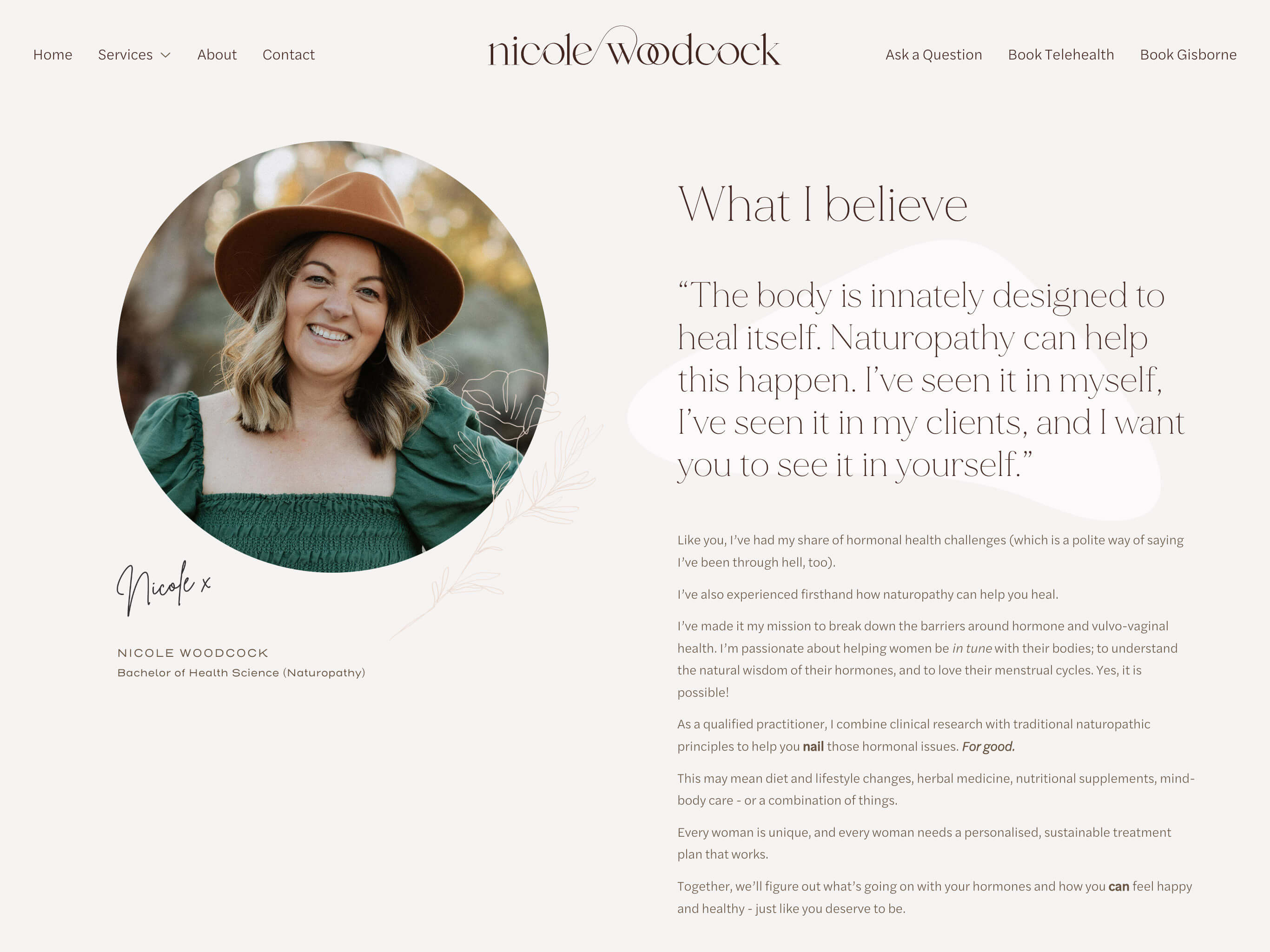 Nicole Woodcock Naturopath Custom Web Design About Us Page