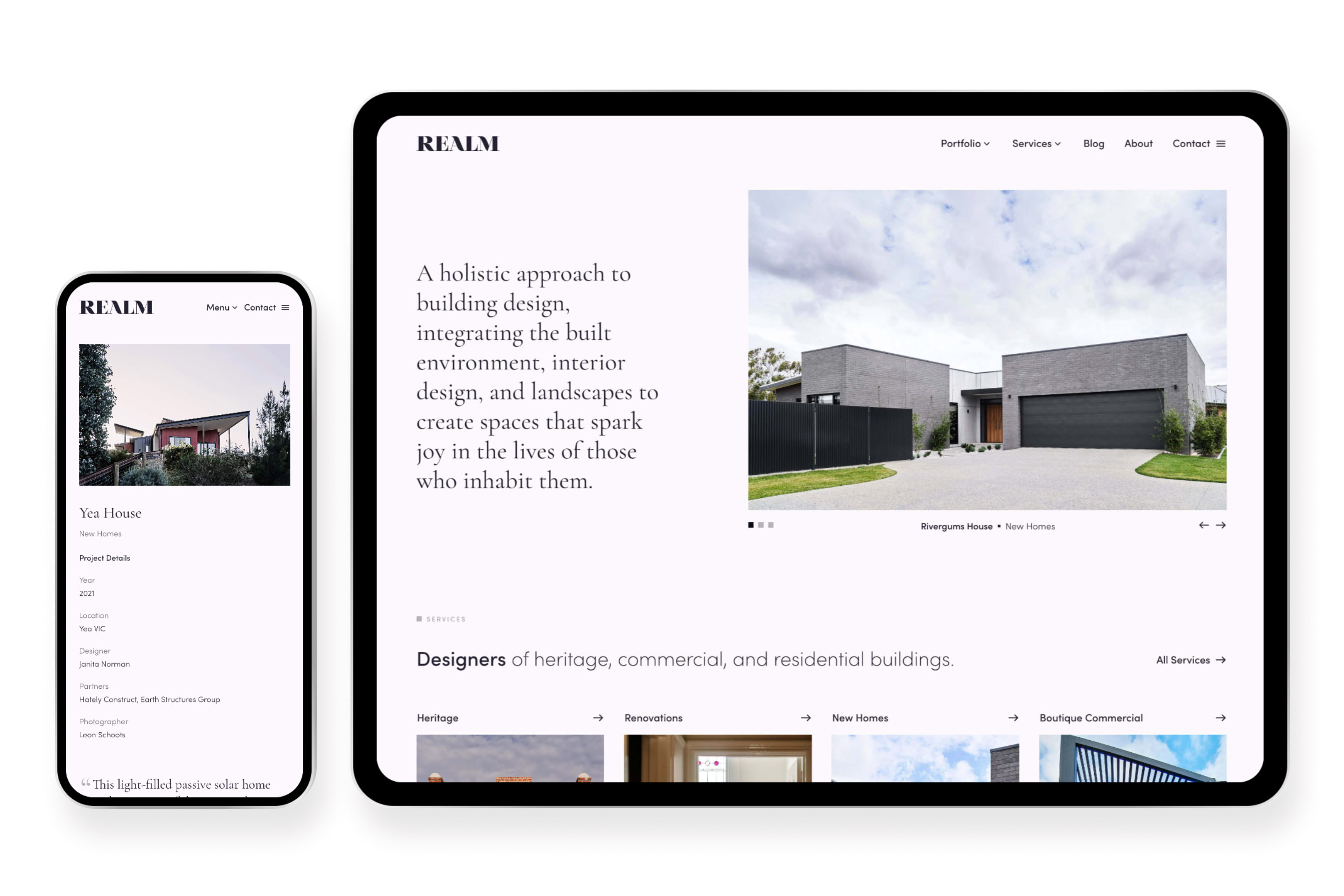 Realm Building Design custom responsive website on tablet and smartphone