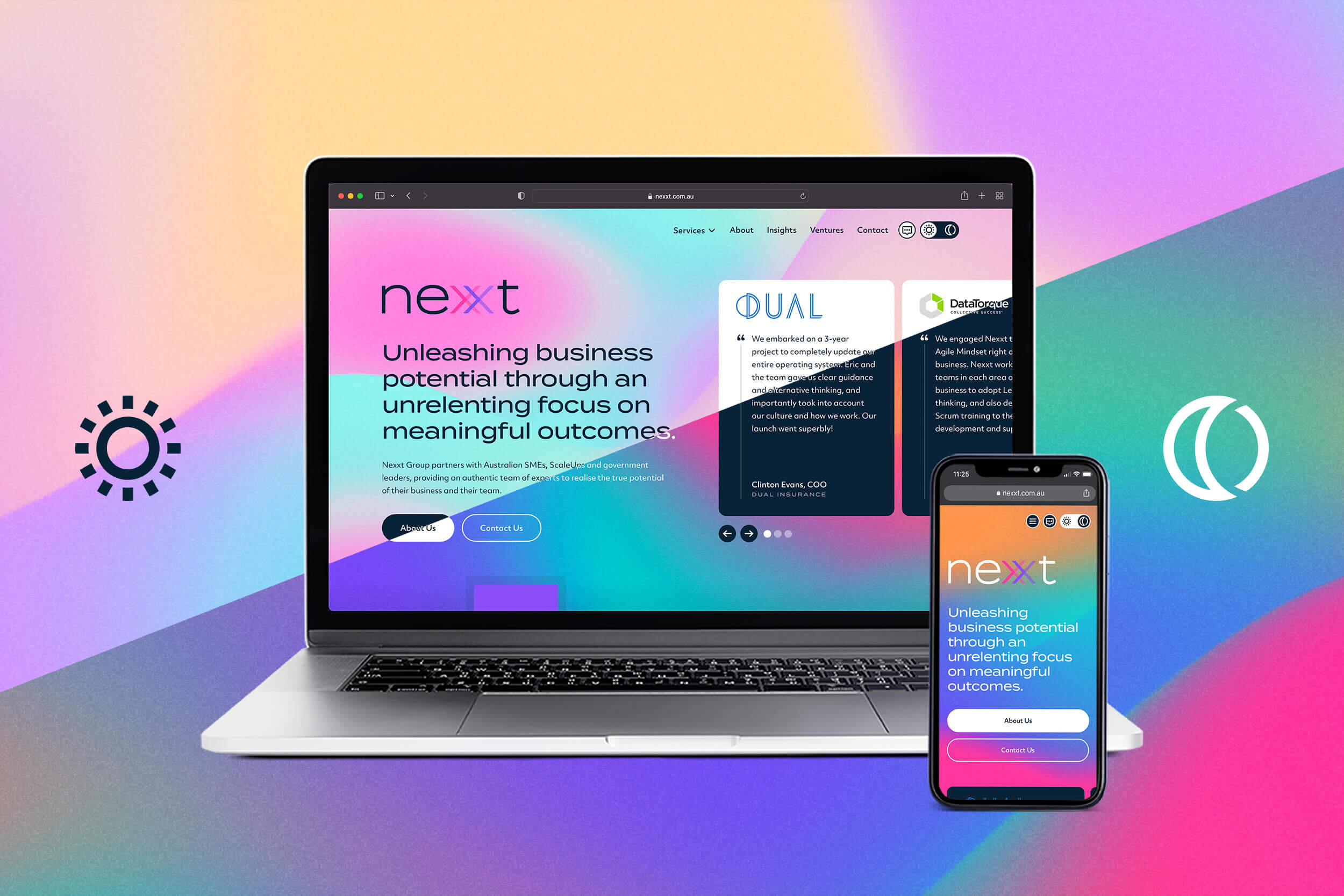 Nexxt Group Website on Laptop and iPhone with Custom Dark Mode Feature