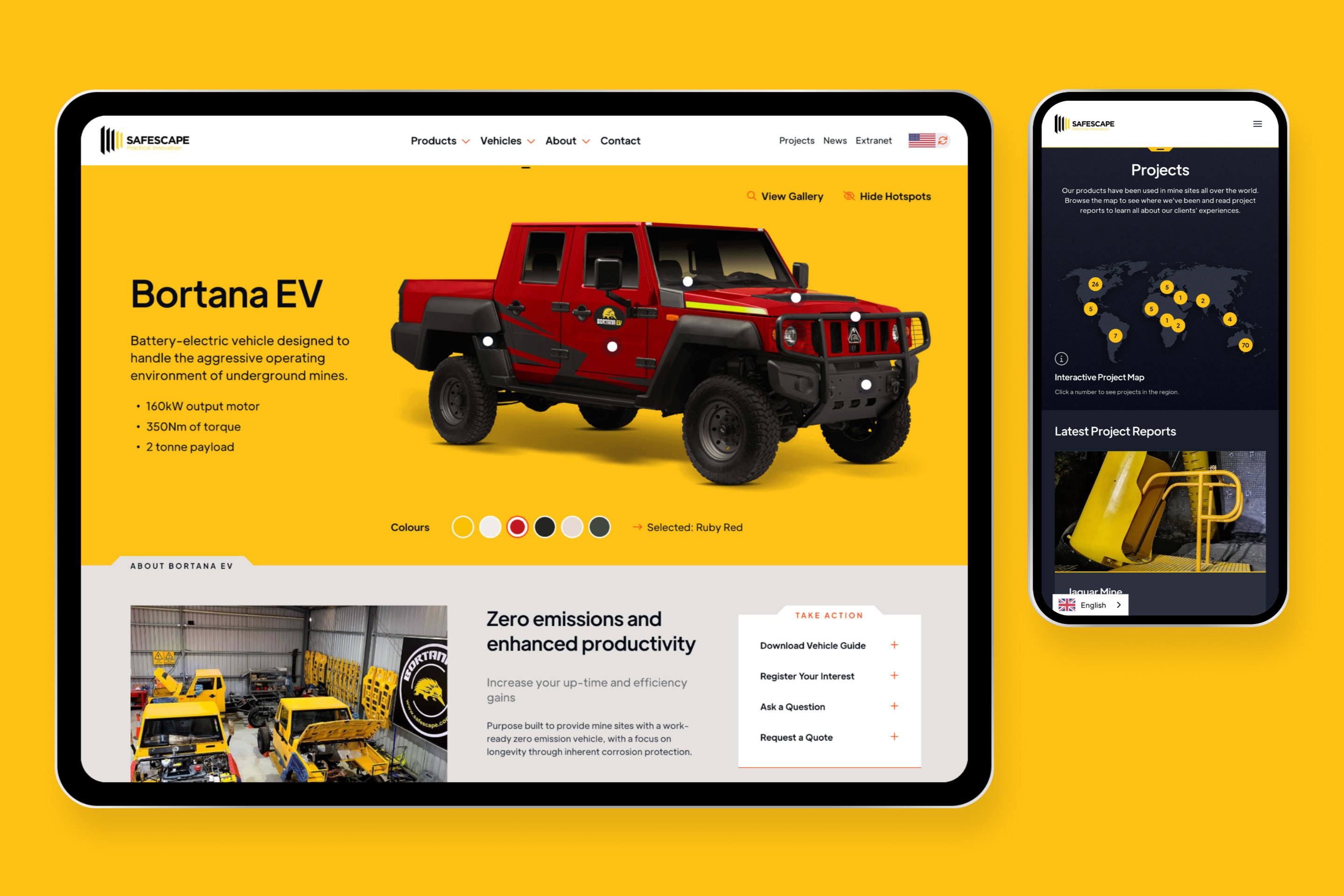 Highly custom website for mining industry Safescape shown on iPad and iPhone