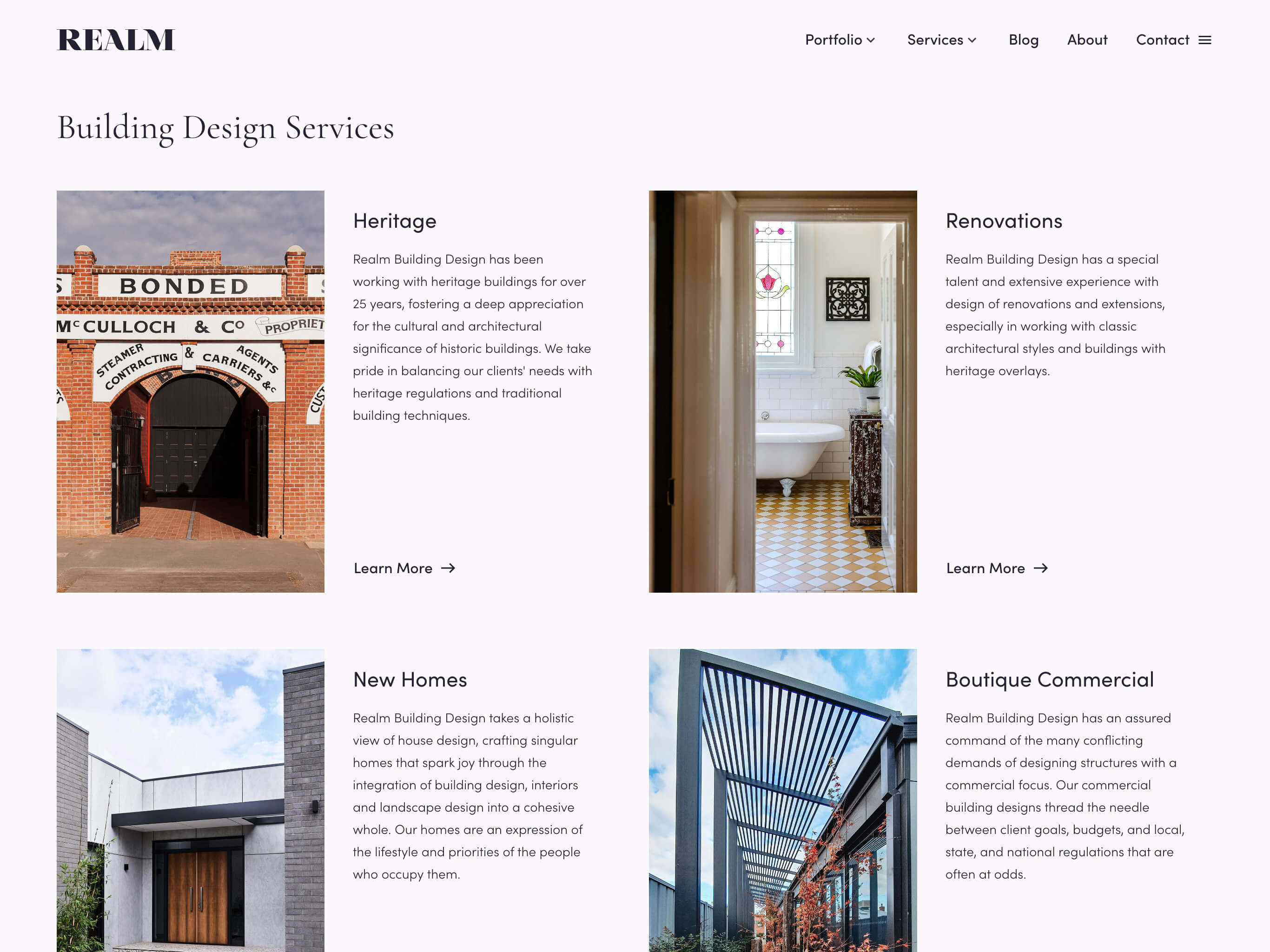 Realm Building Design Custom Web Design Services List Page on Tablet
