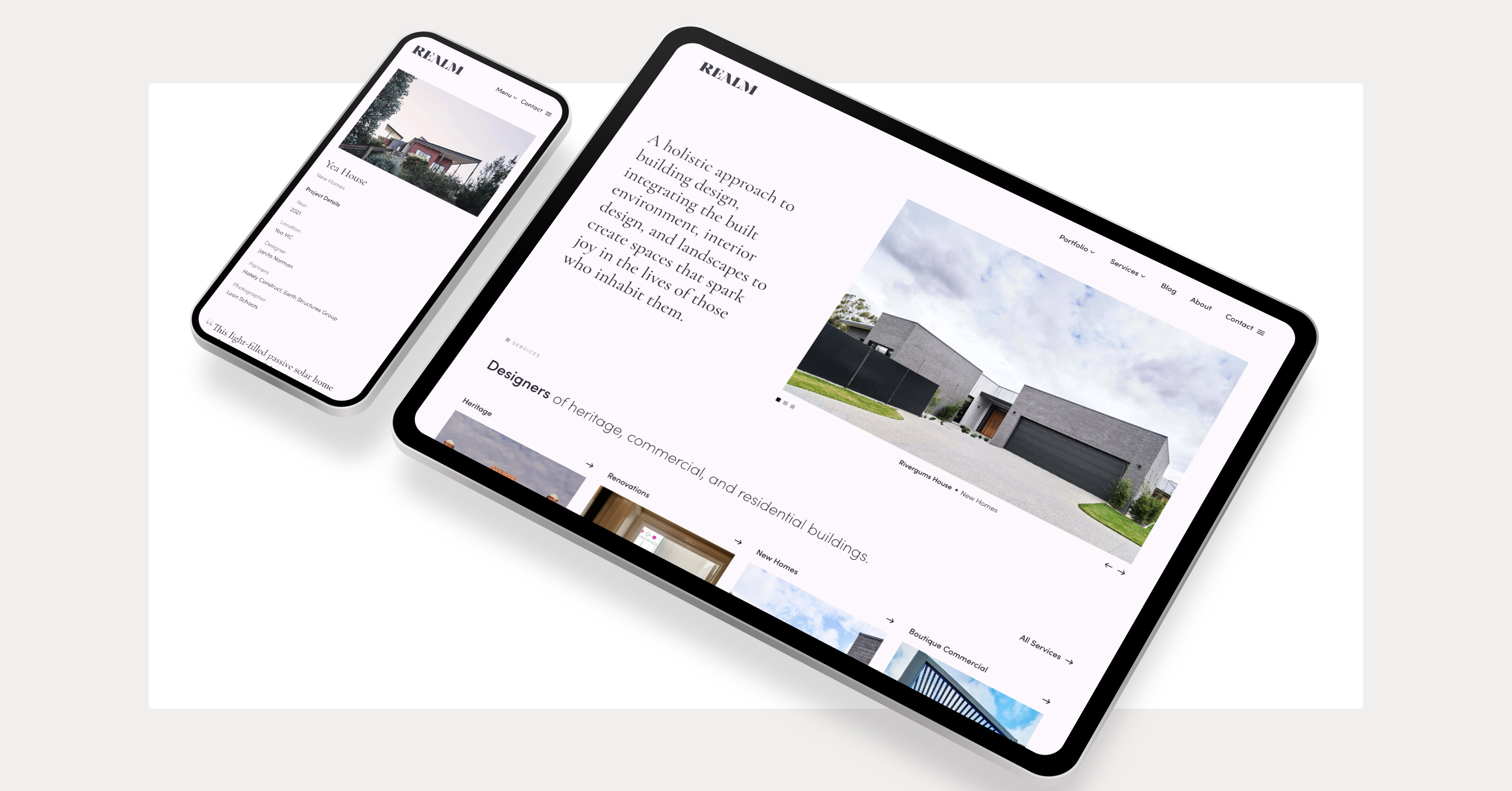 Realm Building Design Echuca website mockup on iPhone and iPad