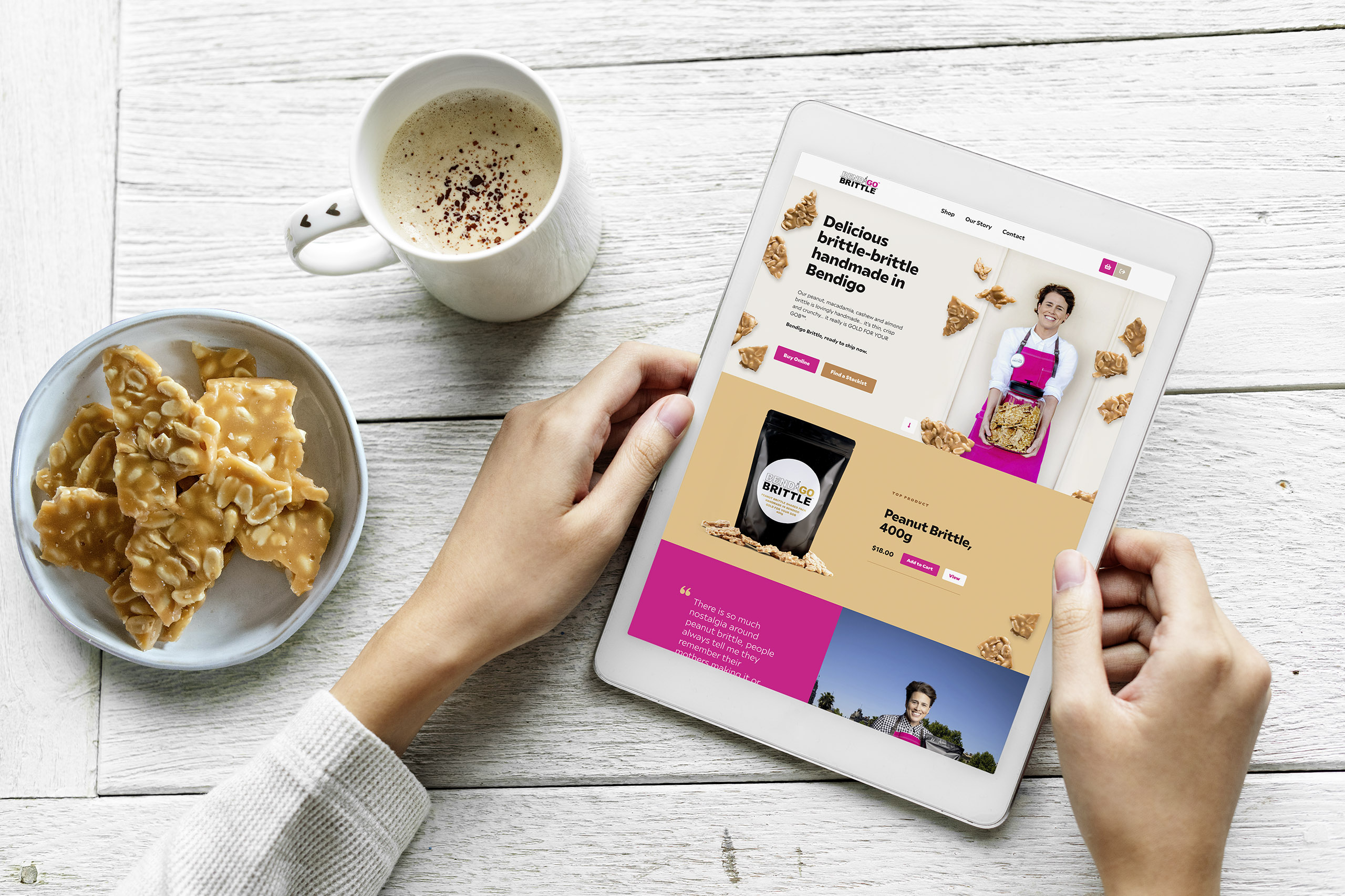 Mockup of Bendigo Brittle custom Shopify theme on iPad screen