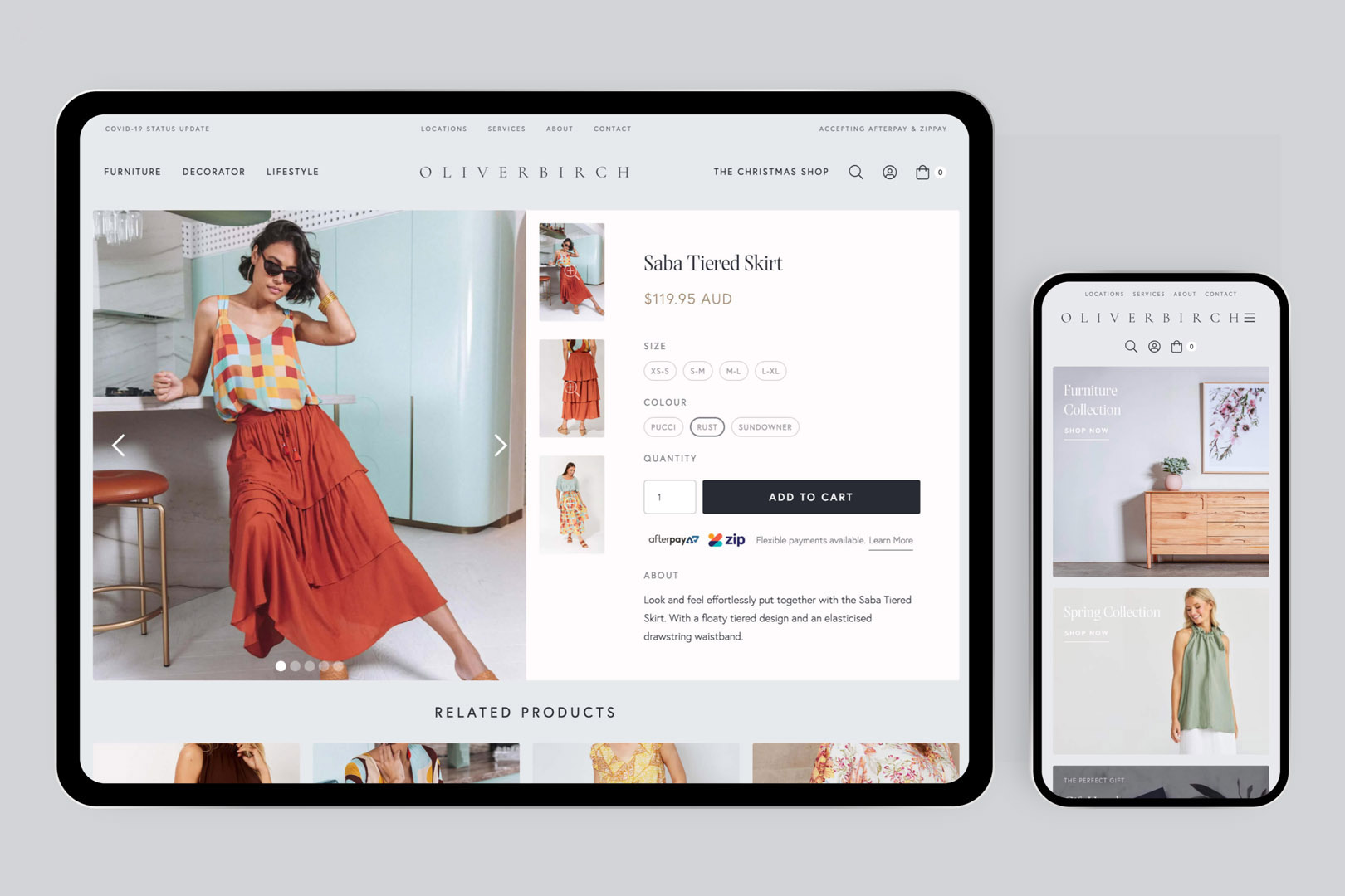 Mockup of Oliver Birch custom Shopify theme on iPad and iPhone