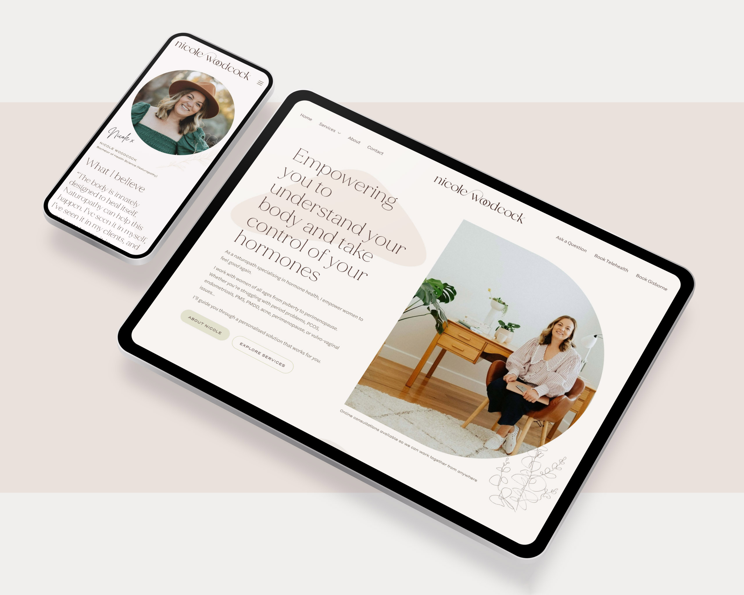 Nicole Woodcock Naturopath Custom Web Design Homepage on iPad and About Us page on iPhone