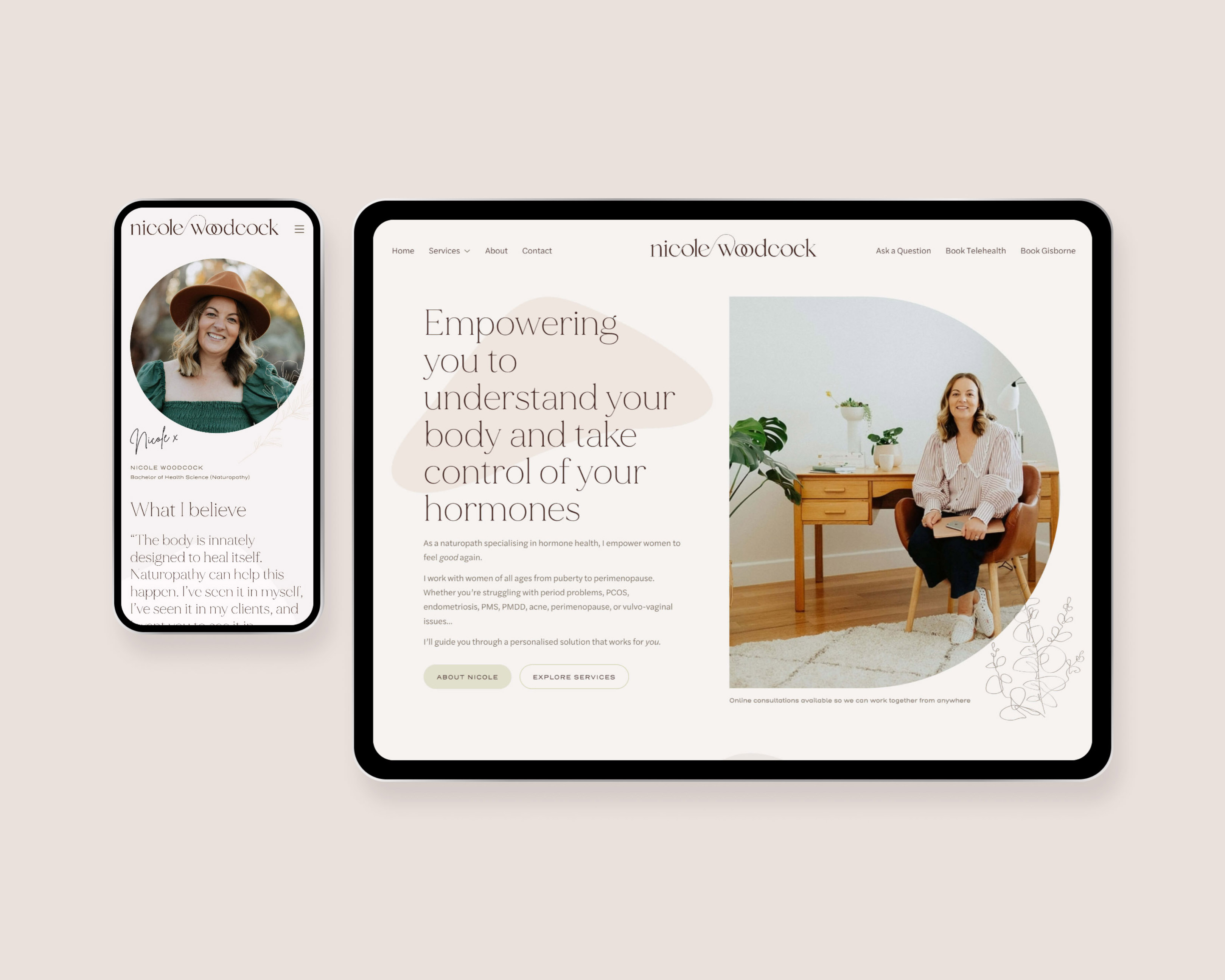 Nicole Woodcock Naturopath Custom Web Design Homepage on iPad and About Us page on iPhone