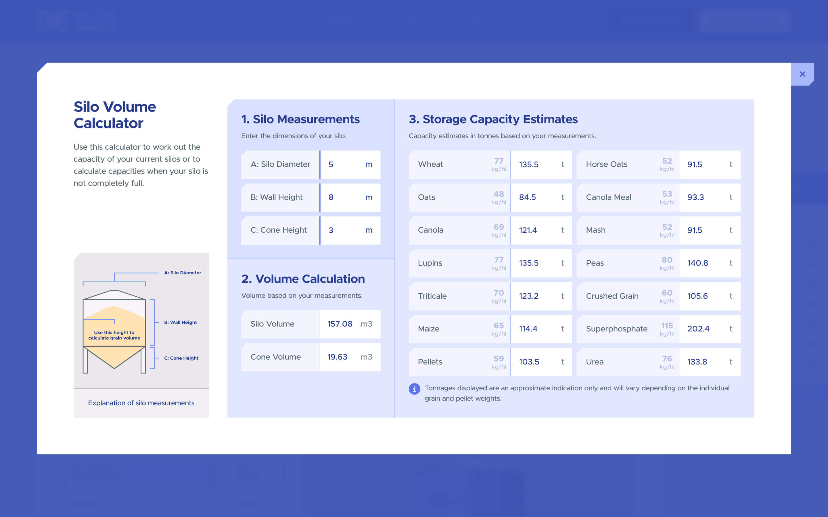 GE Silos Custom Web Design - Screenshot of Volume Calculator on iPad Pro 13