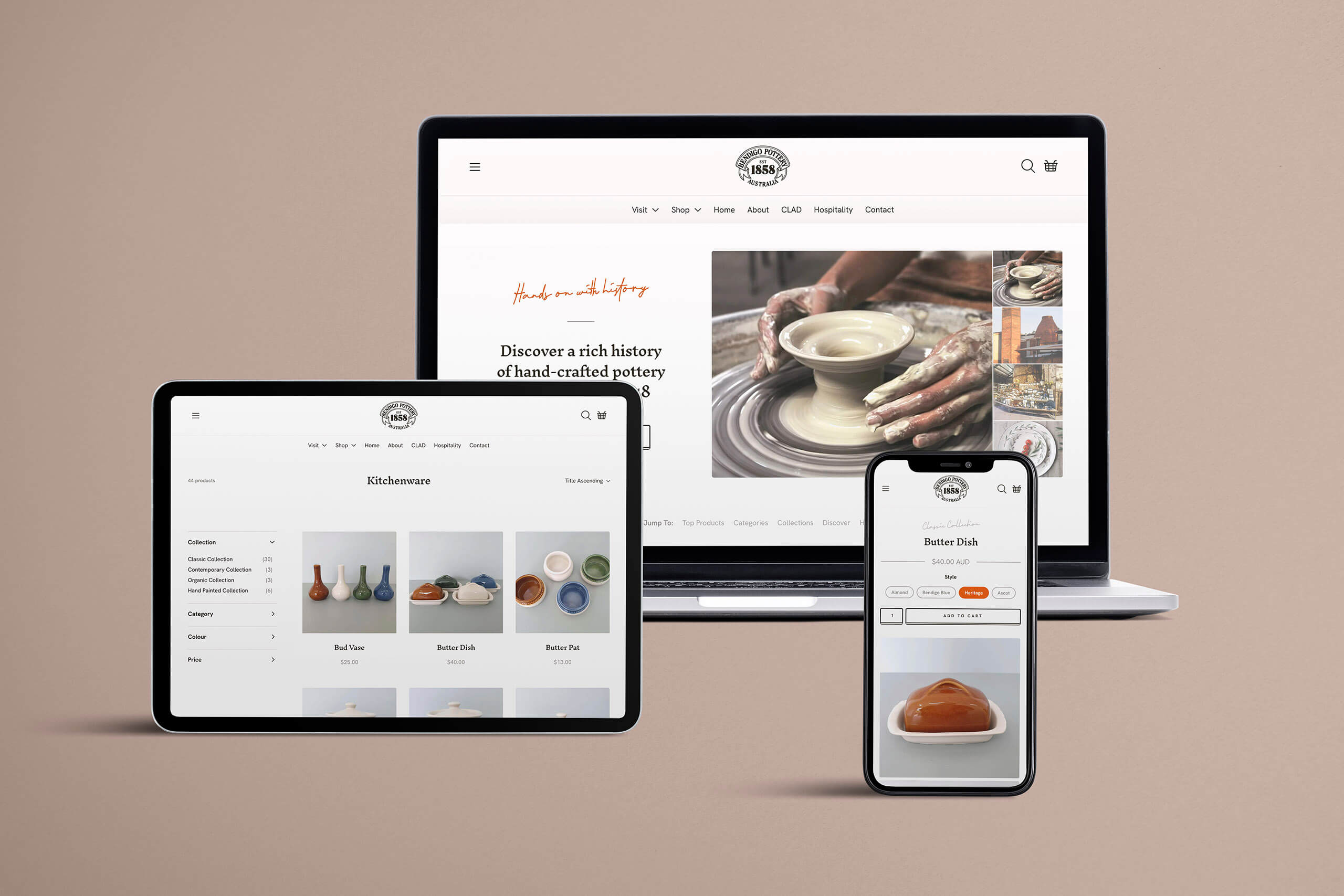 A true example of the full potential of a custom Shopify theme, the Bendigo Pottery website is able to at once sell an extensive range of dinnerware, promote the historic Bendigo Pottery as a tourism destination, and include messages about their artisan spaces, retail store, and party venue. The design is clean, simple and easy to use, while paying respect to the immense history of Bendigo Pottery.