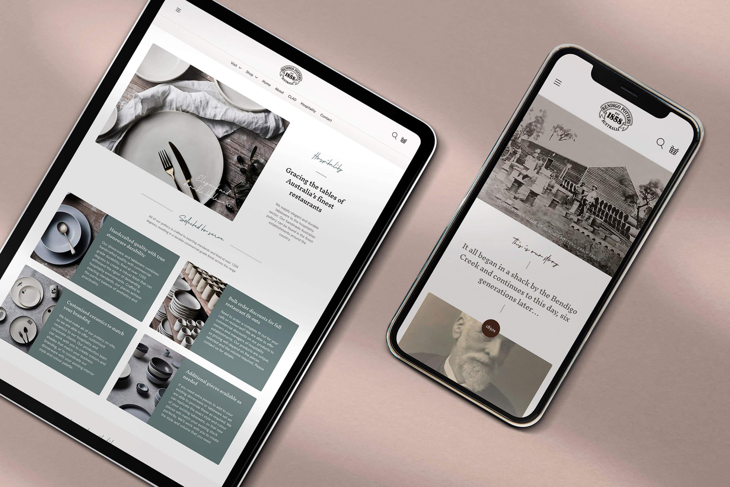 Mockup of Bendigo Pottery custom ecommerce website design on iPad and iPhone