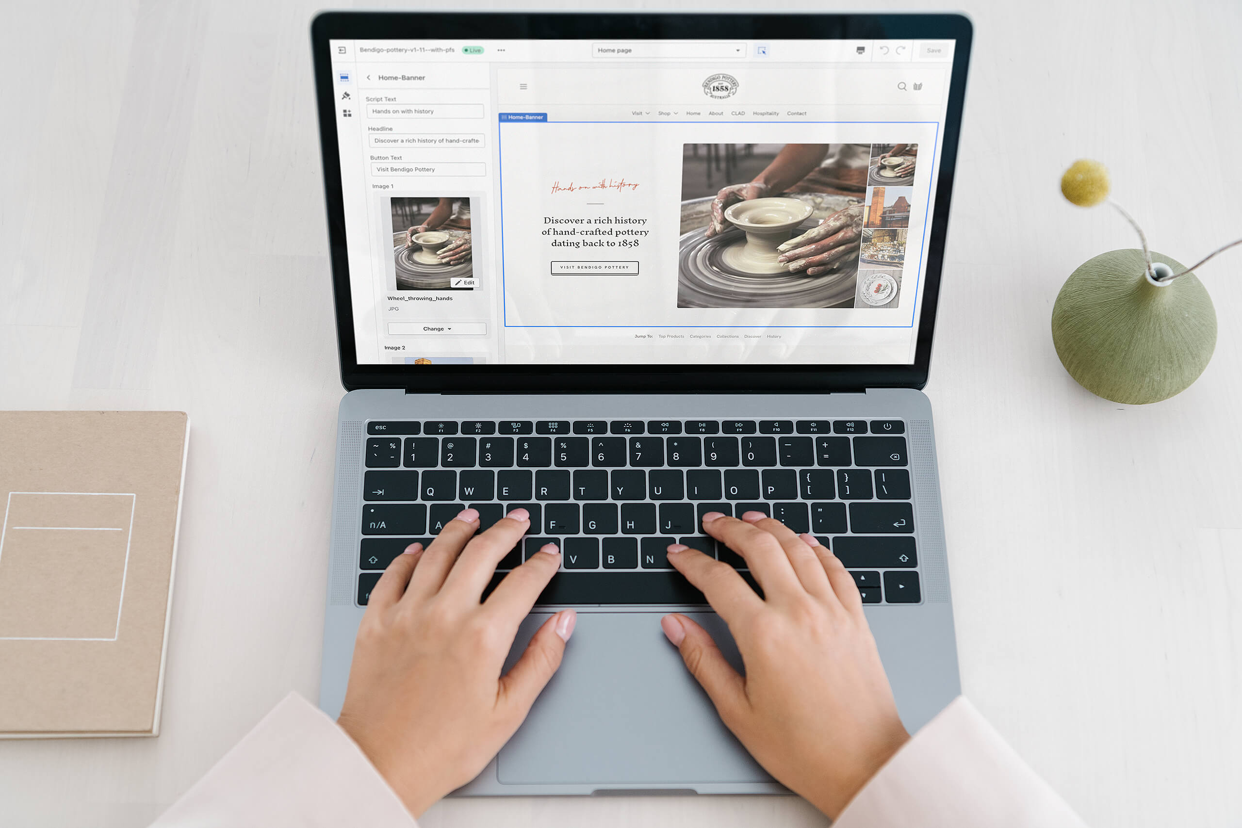Mockup of Bendigo Pottery Shopify editor experience on laptop