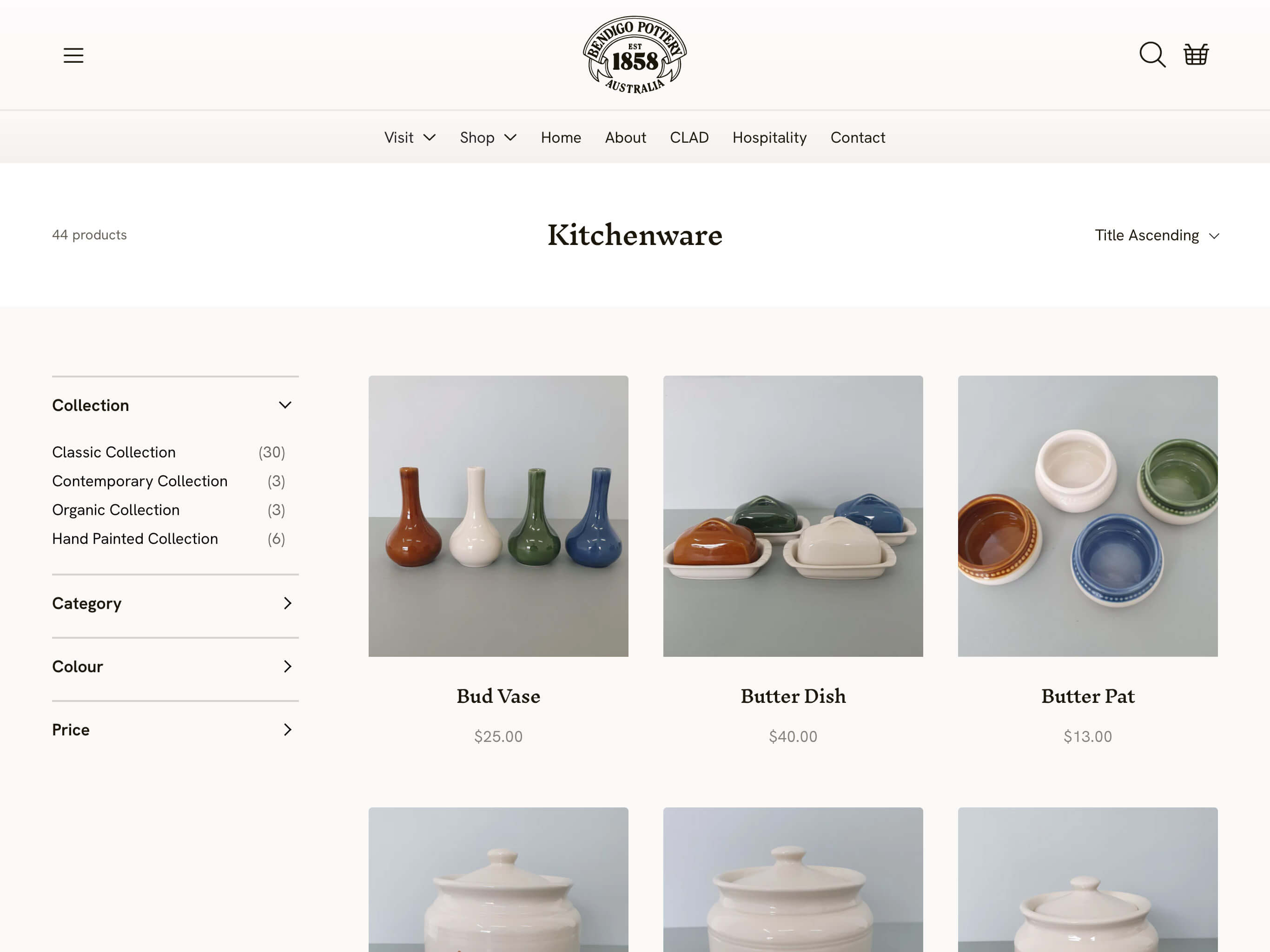 Bendigo Pottery Custom Shopify Theme - Collection List Page - Screenshot on iPad Pro