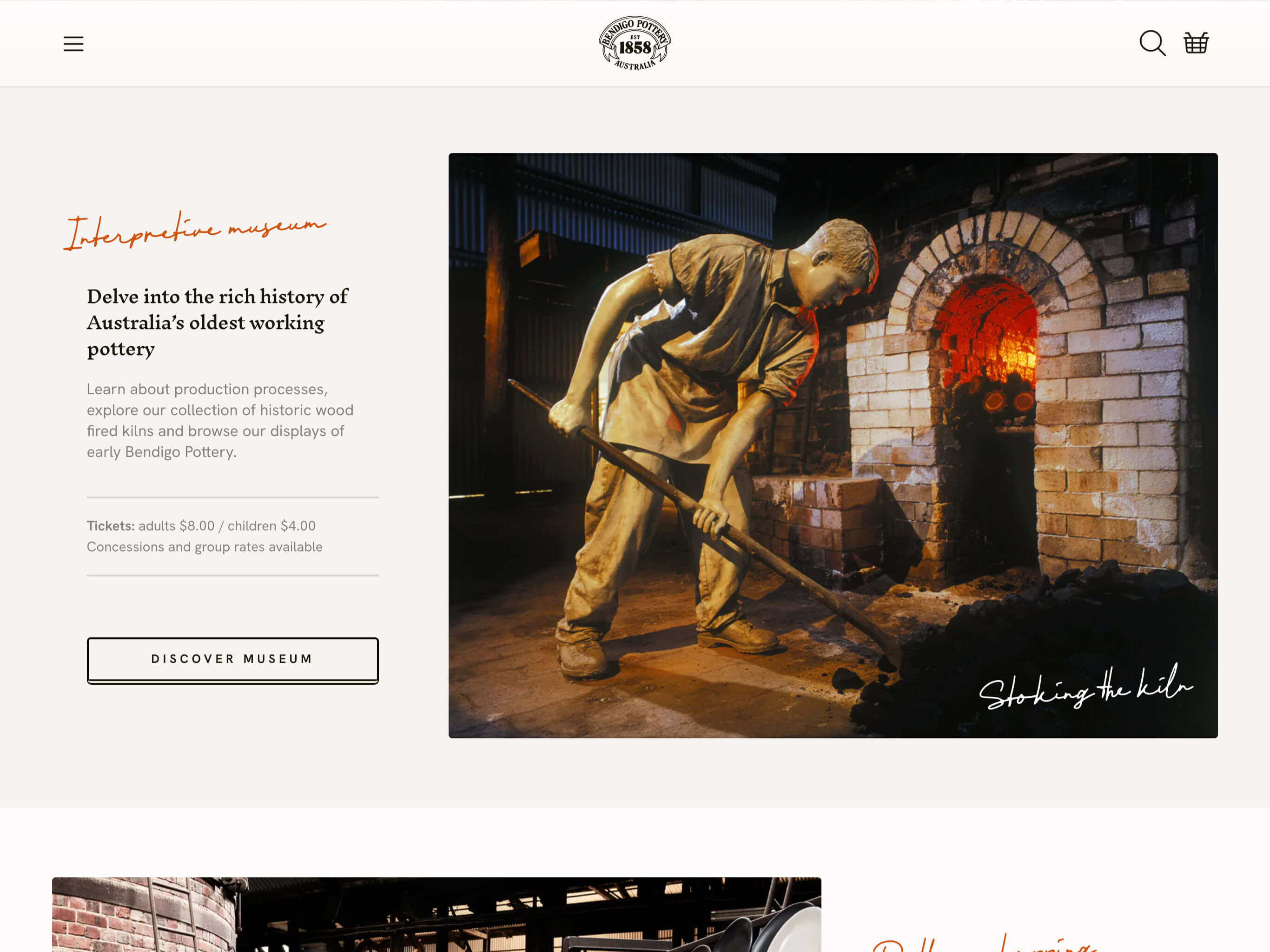 Bendigo Pottery Custom Shopify Theme - A Section of the Visit Page - Screenshot on iPad Pro