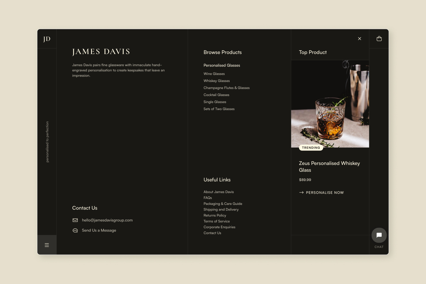 Full screen menu feature on James Davis website
