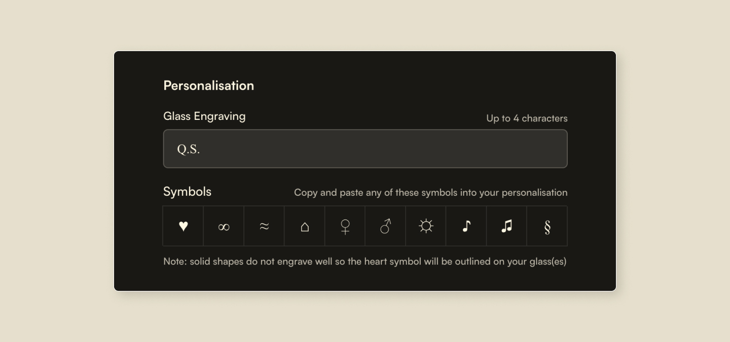 Glassware personalisation feature in James Davis custom Shopify ecommerce theme