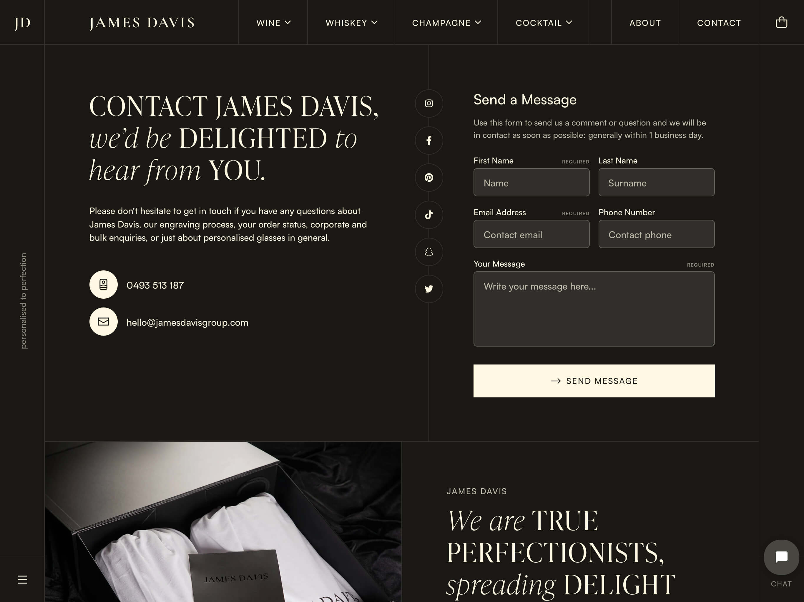 James Davis Personalised Glassware Website Contact Page on Tablet Screen
