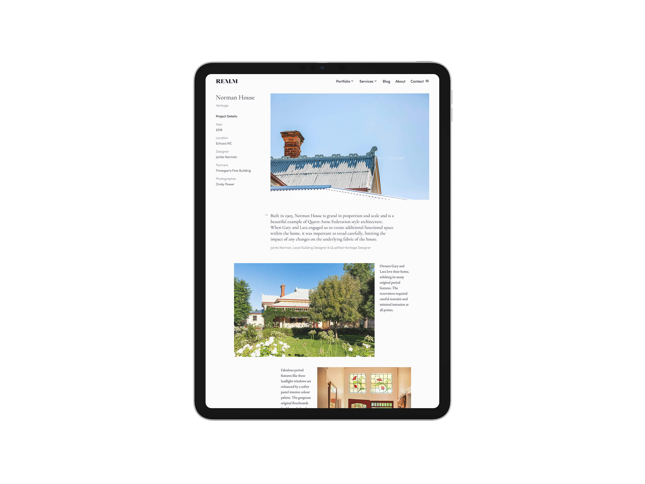 Realm Building Design Echuca website mockup on iPad