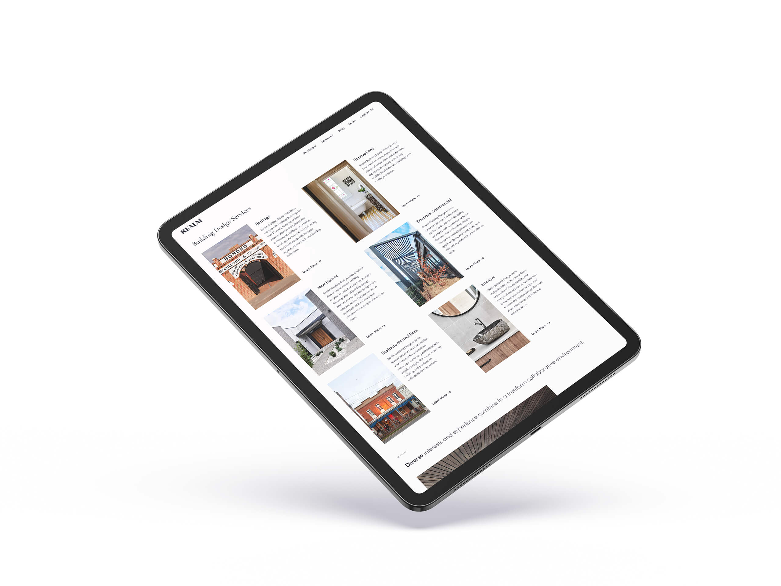 Realm Building Design Echuca website mockup on iPad - services page